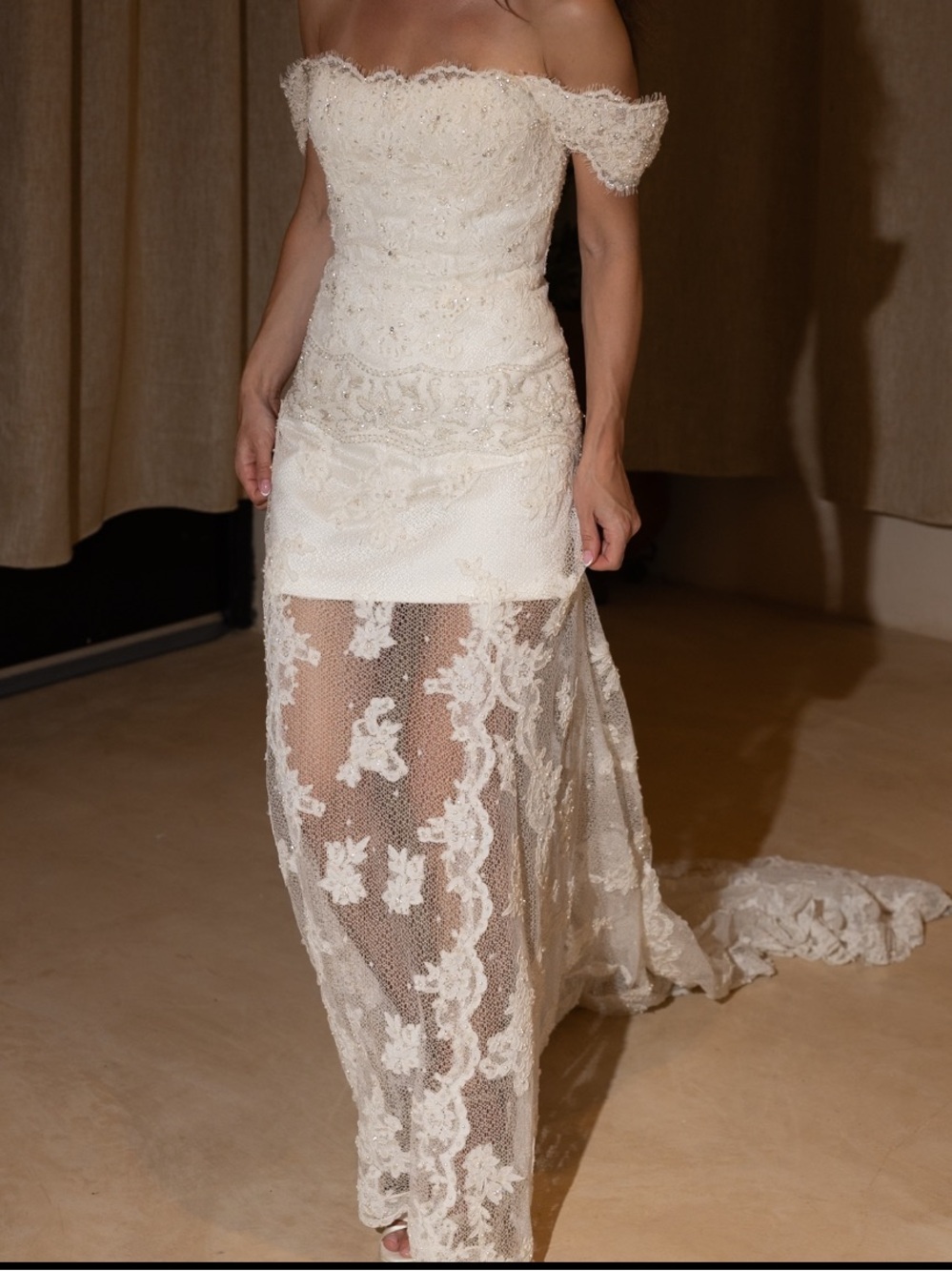 Off-Shoulder Lace Bridal Gown in Ivory